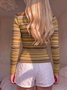 CovetEZ Women's Blended Pink Striped Half-Zip T-Shirt, Spring/Summer Style, Pink Top - Multicolor - View 2