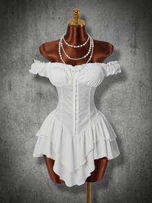 Amplova Women's White Ruched Jacquard Waist Cinched Patchwork Ruched Lace Shoulder Strap Shoulder Strap Multi-Layer Ruffle Hem A-Line Chiffon Mini Dress Pure Desire Party Style - White - View 1
