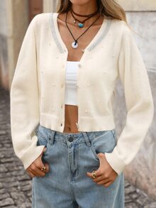 Brillora Autumn/Winter Women's Open Front Cardigan Sweater With Pearl And Rhinestone Chain Decor, Flared Cuffs, Casual Vacation Back To School Commute Work Daily Wear - Apricot - View 6