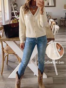Brillora Autumn/Winter Women's Open Front Cardigan Sweater With Pearl And Rhinestone Chain Decor, Flared Cuffs, Casual Vacation Back To School Commute Work Daily Wear - Apricot - View 2