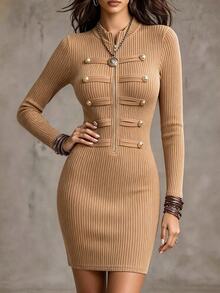 Wandoria Vintage Metal Buckle Stand Collar Slim Fit Bodycon Midi Dress For Commute - Khaki - View 4