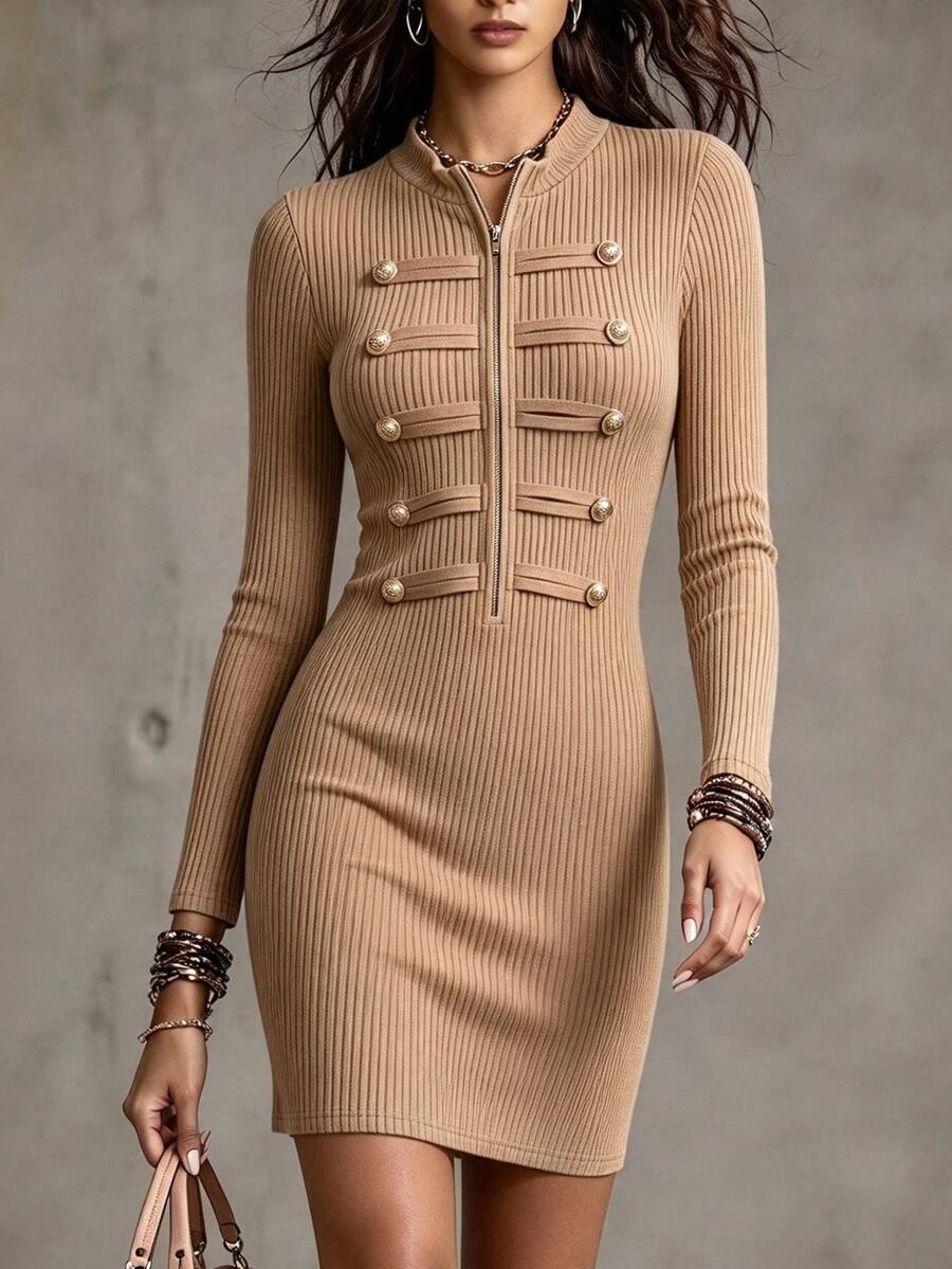 Wandoria Vintage Metal Buckle Stand Collar Slim Fit Bodycon Midi Dress For Commute - Khaki - View 1