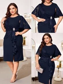 Reflora Plus Size Women's Elegant Dress, Asymmetrical Chiffon Patchwork, Dark Green, Summer Formal Wedding - Navy Blue - View 6
