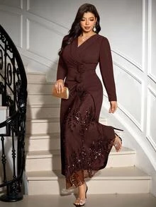 Reflora Plus Size Women's Elegant Formal Cocktail Dress With 3D Floral Decor And Sequin Patchwork Thanksgiving Formal Dinner Wedding Evening Brown Fall - Brown - View 2