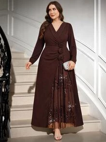 Reflora Plus Size Women's Elegant Formal Cocktail Dress With 3D Floral Decor And Sequin Patchwork Thanksgiving Formal Dinner Wedding Evening Brown Fall - Brown - View 11
