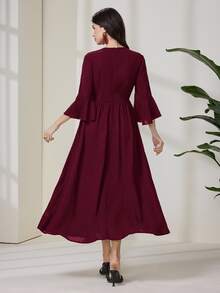 Al Najma Casual Boho Elegant Embroidered Dress For Women Burgundy Long Brunch Fall - Burgundy - View 4