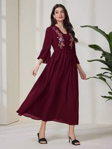 Al Najma Casual Boho Elegant Embroidered Dress For Women Burgundy Long Brunch Fall - Burgundy - View 6