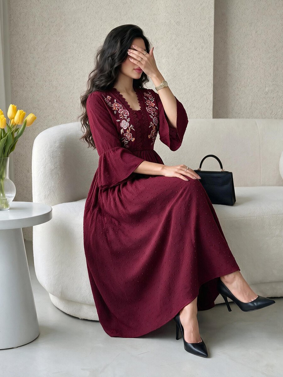 Al Najma Casual Boho Elegant Embroidered Dress For Women Burgundy Long Brunch Fall