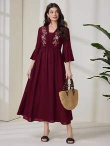 Al Najma Casual Boho Elegant Embroidered Dress For Women Burgundy Long Brunch Fall - Burgundy - View 5
