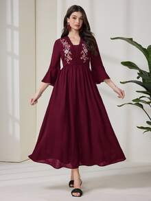 Al Najma Casual Boho Elegant Embroidered Dress For Women Burgundy Long Brunch Fall - Burgundy - View 7