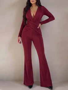 Privoire Women's Solid Color V-Neck Pleated Casual Sexy Daily Jumpsuit Flare Pants Christmas New Year Night Burgundy Fall - Burgundy - View 7