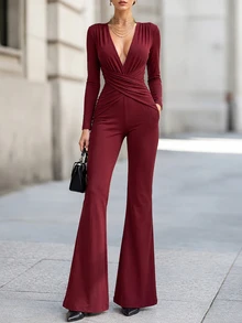 Privoire Women's Solid Color V-Neck Pleated Casual Sexy Daily Jumpsuit Flare Pants Christmas New Year Night Burgundy Fall - Burgundy - View 8