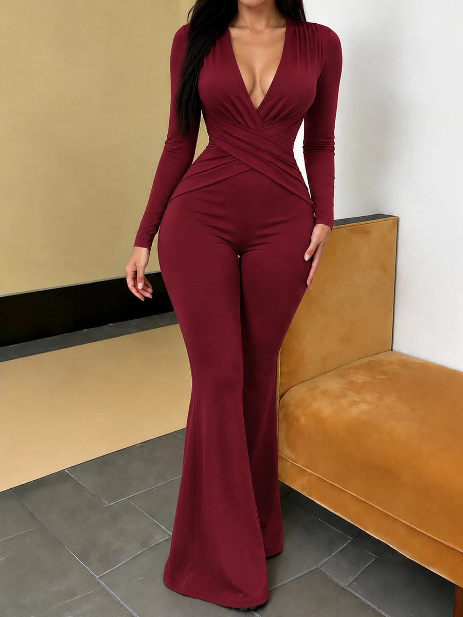 Privoire Women's Solid Color V-Neck Pleated Casual Sexy Daily Jumpsuit Flare Pants Christmas New Year Night Burgundy Fall - Burgundy - View 1