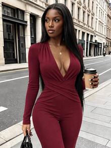 Privoire Women's Solid Color V-Neck Pleated Casual Sexy Daily Jumpsuit Flare Pants Christmas New Year Night Burgundy Fall - Burgundy - View 3