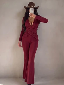 Privoire Women's Solid Color V-Neck Pleated Casual Sexy Daily Jumpsuit Flare Pants Christmas New Year Night Burgundy Fall - Burgundy - View 6
