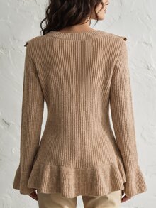 Balvessa Women's Chunky Ribbed V-Neck 3D Wavy Ruffle Waist Asymmetrical Fishtail Flared Hem Long Sleeve Sweater, Fall Party Date Night Camel Romantic Elegant - Khaki - View 2