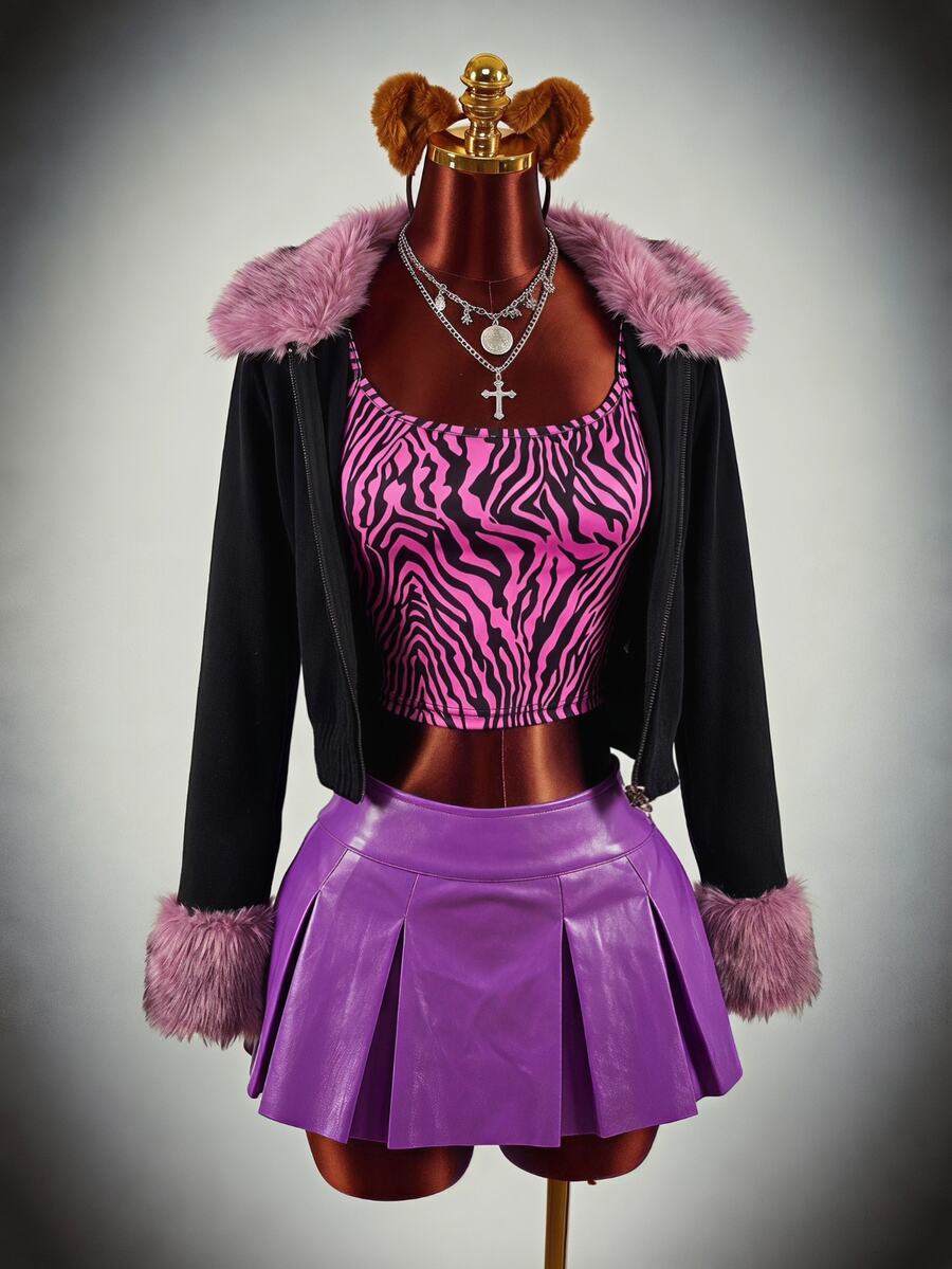 Amplova Solid PU Leather Pleated Skirt