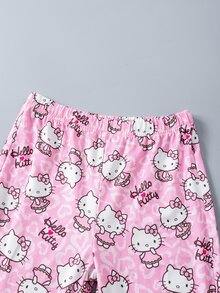 HELLO KITTY AND FRIENDS | SHEIN طقم واحد للبنات بتصميم قلب وفيونكة، سويت شيرت صوف بياقة دائرية + بنطلون واسع بطبعة شاملة، ملابس داخلية/خارجية للربيع/الخريف - متعدد الألوان - مشاهدة 7
