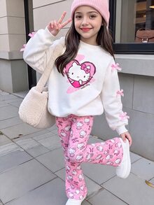HELLO KITTY AND FRIENDS | SHEIN طقم واحد للبنات بتصميم قلب وفيونكة، سويت شيرت صوف بياقة دائرية + بنطلون واسع بطبعة شاملة، ملابس داخلية/خارجية للربيع/الخريف - متعدد الألوان - مشاهدة 1