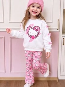 HELLO KITTY AND FRIENDS | SHEIN طقم واحد للبنات بتصميم قلب وفيونكة، سويت شيرت صوف بياقة دائرية + بنطلون واسع بطبعة شاملة، ملابس داخلية/خارجية للربيع/الخريف - متعدد الألوان - مشاهدة 8