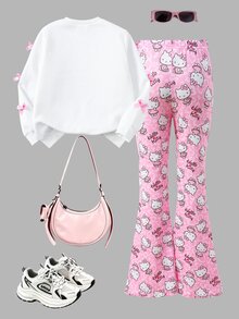 HELLO KITTY AND FRIENDS | SHEIN طقم واحد للبنات بتصميم قلب وفيونكة، سويت شيرت صوف بياقة دائرية + بنطلون واسع بطبعة شاملة، ملابس داخلية/خارجية للربيع/الخريف - متعدد الألوان - مشاهدة 2