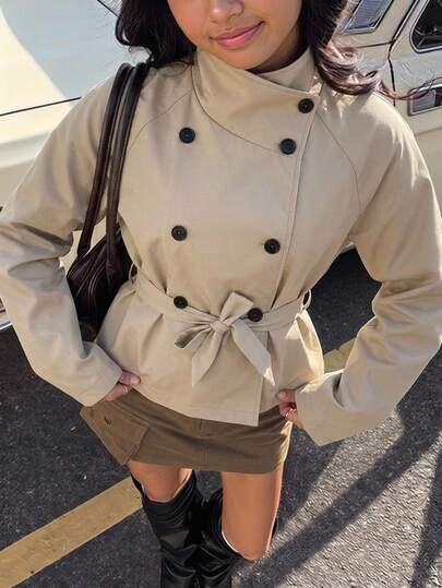 SHEIN Teen Girl Solid Color Raglan Long Sleeve Double-Breasted Casual Trench Autumn Winter Coat Jacket
