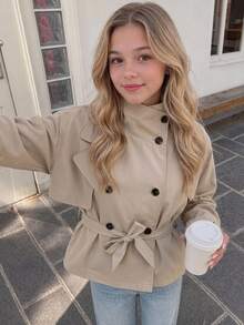 SHEIN Teen Girl Solid Color Raglan Long Sleeve Double-Breasted Casual Trench Autumn Winter Coat Jacket - Camel - View 2