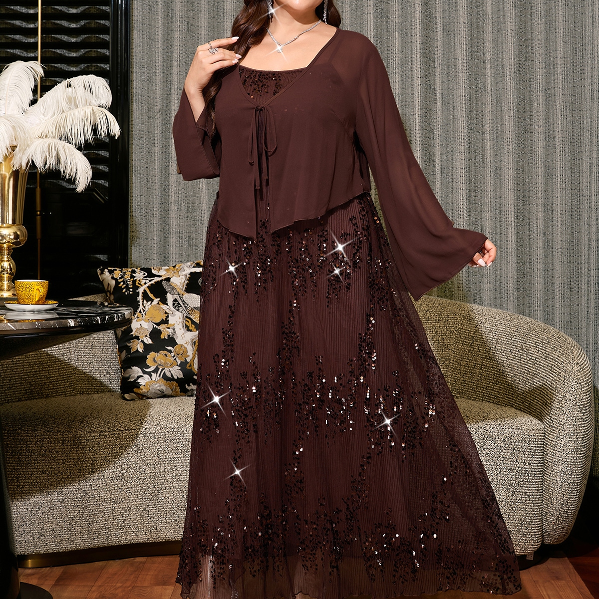Plus Size Women's Shiny Spaghetti Strap Dress Solid Color Cardigan Casual Elegant Everyday 2 Pieces Set Fall Wedding Formal Brown New Year
