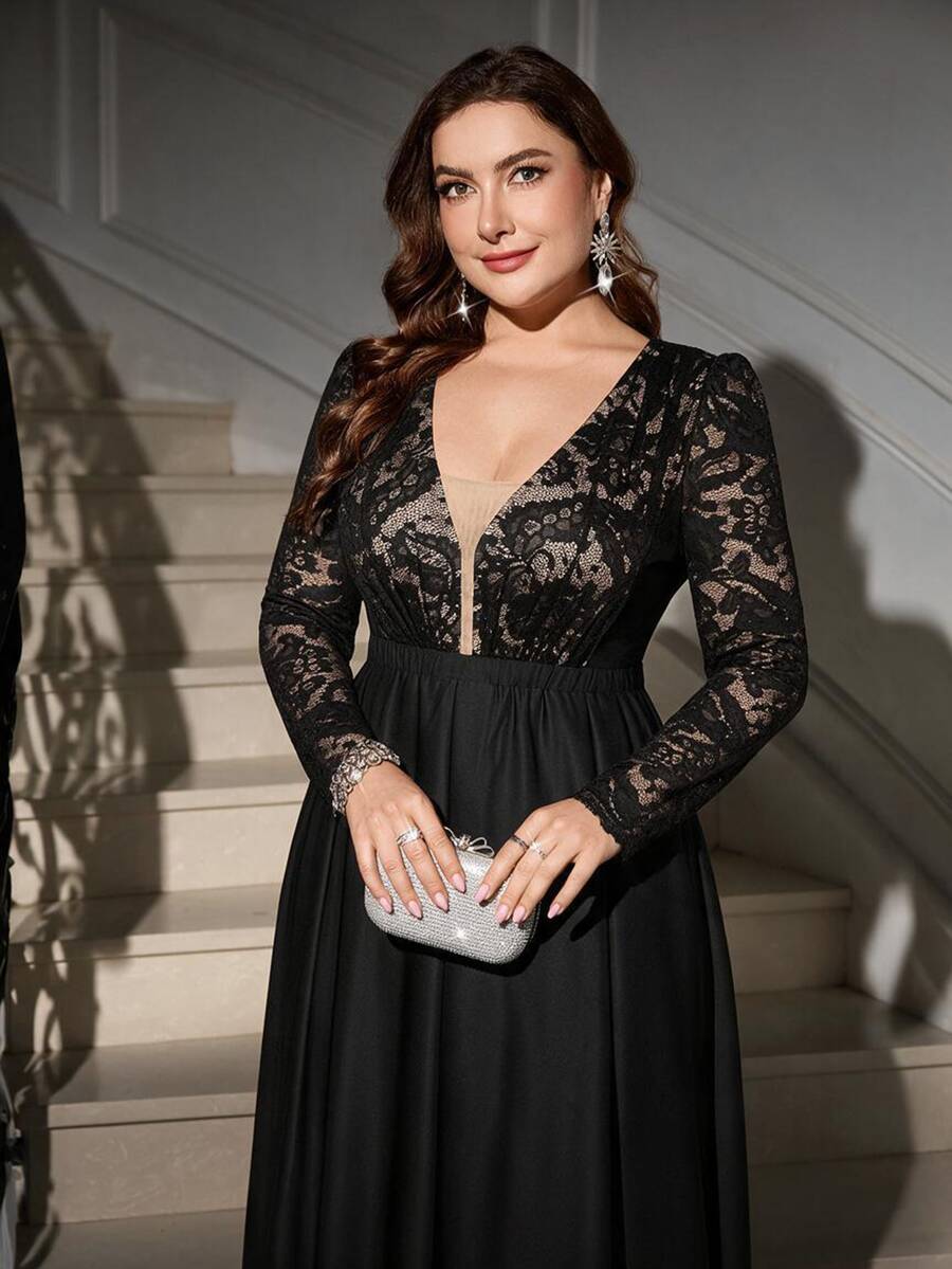 Reflora Plus Size Sweet Elegant Formal Lace Ruffle Long Sleeve Dress New Year Christmas Party Night Cocktail Dinner Black Fall - Black - View 1