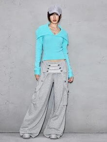 ROMWE Y2K Casual Vintage Napoleon Button Decor Loose Wide Leg Versatile Women's Long Pants - Light Grey - View 3
