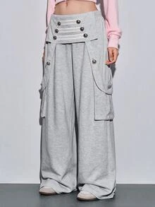 ROMWE Y2K Casual Vintage Napoleon Button Decor Loose Wide Leg Versatile Women's Long Pants - Light Grey - View 7