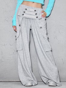 ROMWE Y2K Casual Vintage Napoleon Button Decor Loose Wide Leg Versatile Women's Long Pants - Light Grey - View 5