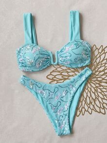 SHEIN Swim 時尚刺繡亮片背心上衣與三角比基尼泳褲比基尼套裝 - 綠色 - 查看 7