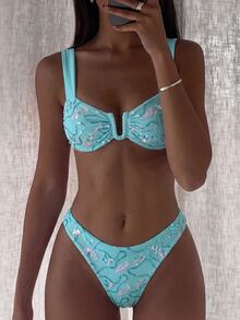 SHEIN Swim 時尚刺繡亮片背心上衣與三角比基尼泳褲比基尼套裝 - 綠色 - 查看 2