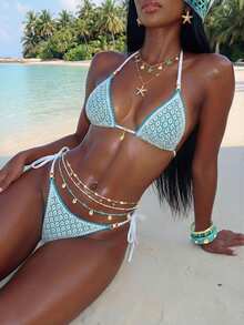 SHEIN Swim 女士性感海滩夏季装，镂空面料蓝色贝壳和珍珠装饰三角比基尼 - 淺藍色 - 查看 4