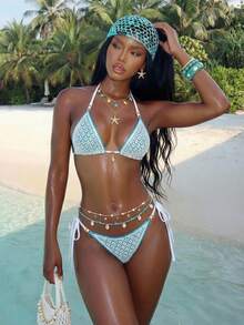 SHEIN Swim 女士性感海滩夏季装，镂空面料蓝色贝壳和珍珠装饰三角比基尼 - 淺藍色 - 查看 7