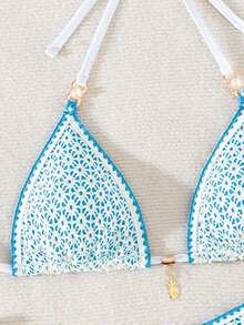 SHEIN Swim 女士性感海滩夏季装，镂空面料蓝色贝壳和珍珠装饰三角比基尼 - 淺藍色 - 查看 5