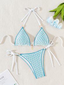 SHEIN Swim 女士性感海滩夏季装，镂空面料蓝色贝壳和珍珠装饰三角比基尼 - 淺藍色 - 查看 8