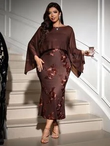 Reflora Plus Size Women's 2 Pieces Set Elegant Celestial Formal Party Evening Positioned Print Large Floral Dinner Cocktail Brown Fall Christmas Thanksgiving - Brown - View 1