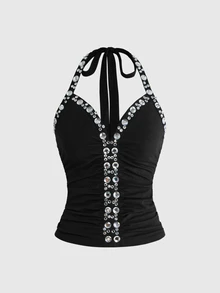 ROMWE Y2K Hot Girl Party Outfit Rhinestone Trim Halter Neck Fitted Tank Top - Black - View 7