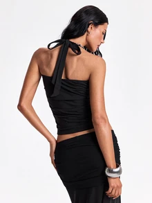 ROMWE Y2K Hot Girl Party Outfit Rhinestone Trim Halter Neck Fitted Tank Top - Black - View 6