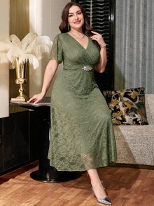 Reflora 大尺碼法式性感優雅水鑽蕾絲洋裝 派對婚禮適用 橄欖綠 夏季 - 橄欖綠 - 查看 7