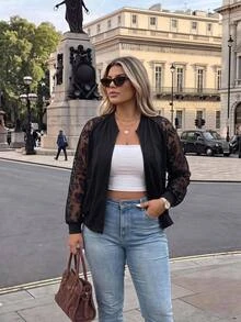 SHEIN LUNE CURVE سترة بسحَّاب مُزَجَّج مقاس زائد - الأسود - مشاهدة 7