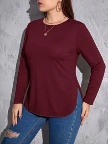 SHEIN Essnce 大尺碼女款春夏/秋冬時尚休閒彈性舒適日常百搭修身長袖黑色T恤，秋季穿搭外出上衣，極簡風圓弧領 - 酒紅色 - 查看 5