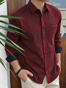 SHEIN Teen Boys 14 Years Old Boy Vintage Baggy Cute Teen Fashion Plaid Shirt Party Fall Burgundy Winter Holiday - Burgundy - View 1