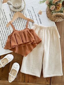SHEIN LMoss 2pcs Baby Girl Woven Solid Color Camisole Top And Long Pants Set, Baby Girl - Multicolor - View 2