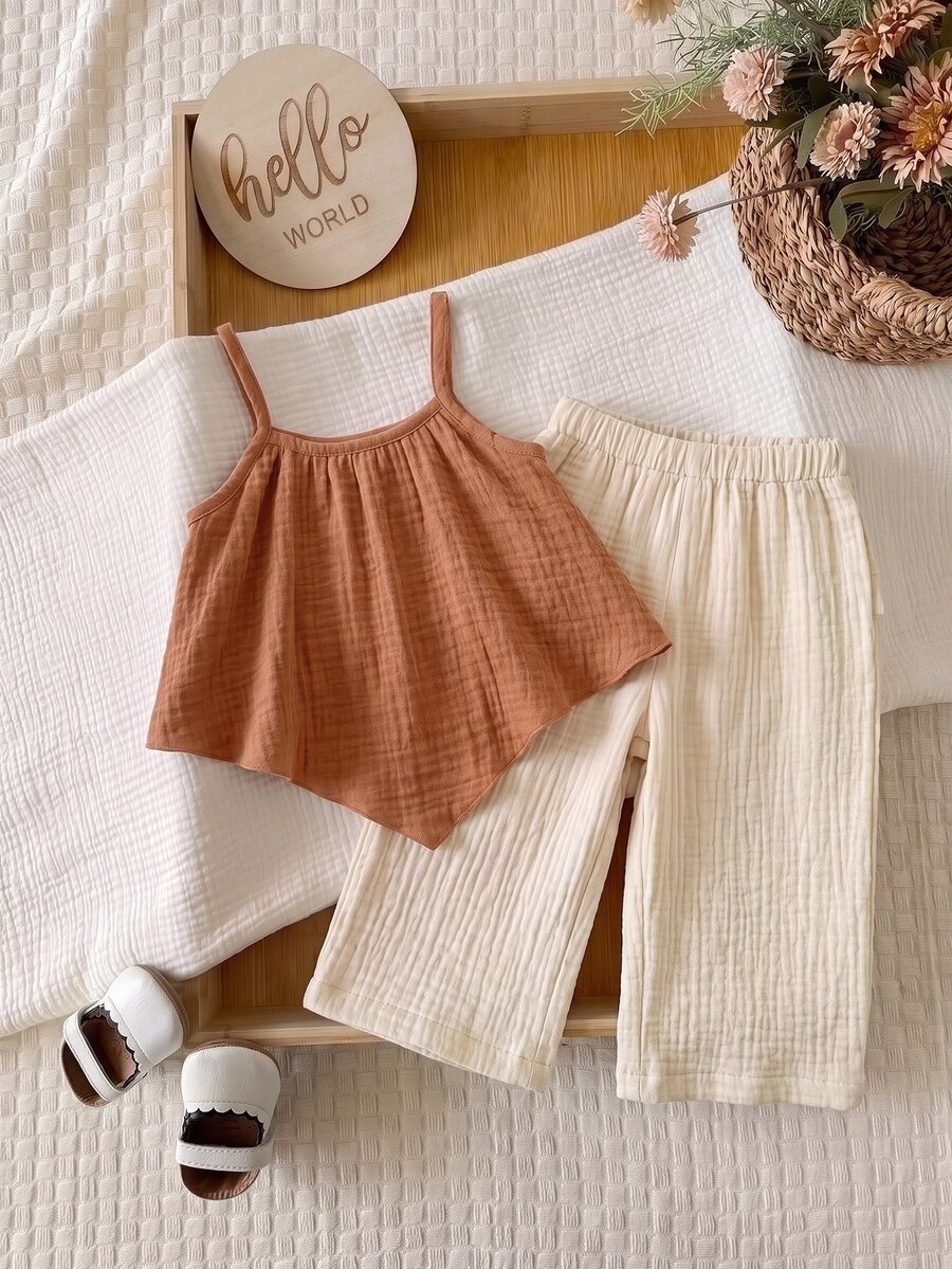SHEIN LMoss 2pcs Baby Girl Woven Solid Color Camisole Top And Long Pants Set, Baby Girl - Multicolor - View 1