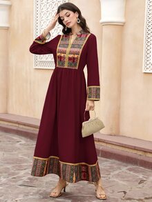Al Najma Women's Bohemian Style Cutout Neck Patchwork Print Waist Maxi Dress, Suitable For Spring And Autumn - Burgundy - View 4