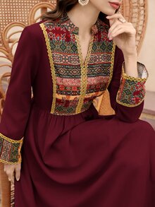 Al Najma Women's Bohemian Style Cutout Neck Patchwork Print Waist Maxi Dress, Suitable For Spring And Autumn - Burgundy - View 3