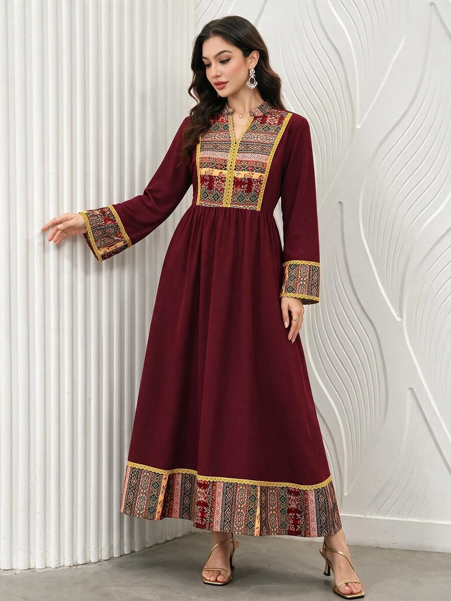 Al Najma Women's Bohemian Style Cutout Neck Patchwork Print Waist Maxi Dress, Suitable For Spring And Autumn